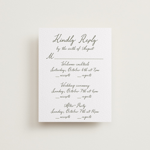 This is a moss rsvp cards with letterpress by Cass Loh called handwritten printing on somerset500 in standard