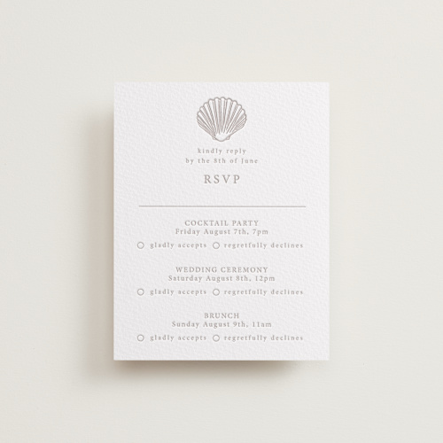 This is a dove grey rsvp cards with letterpress by Hannah Bowman called simple seashell printing on somerset500 in standard