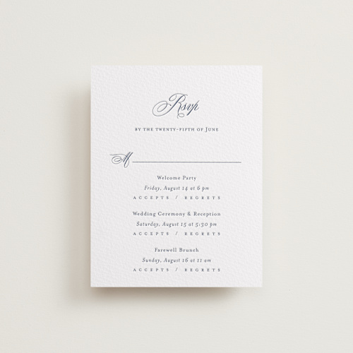 This is a aegean rsvp cards with letterpress by Jennifer Postorino called empire printing on somerset500 in standard