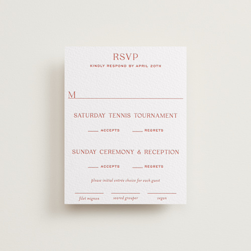 This is a verona sunset rsvp cards with letterpress by Megan Davis called racquet printing on somerset500 in standard