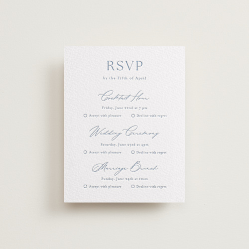 This is a provincial blue rsvp cards with letterpress by Stacey Meacham called modern air printing on somerset500 in standard