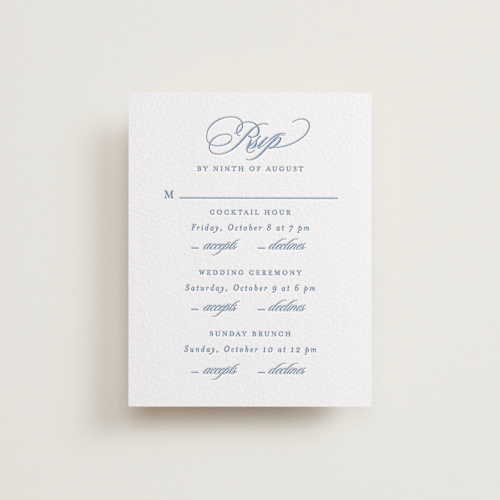 This is a provincial blue rsvp cards with letterpress by Creo Study called aristocratic printing on somerset500 in standard