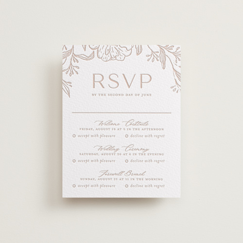 This is a latte rsvp cards with letterpress by Vera Lim called camellia.. printing on somerset500 in standard