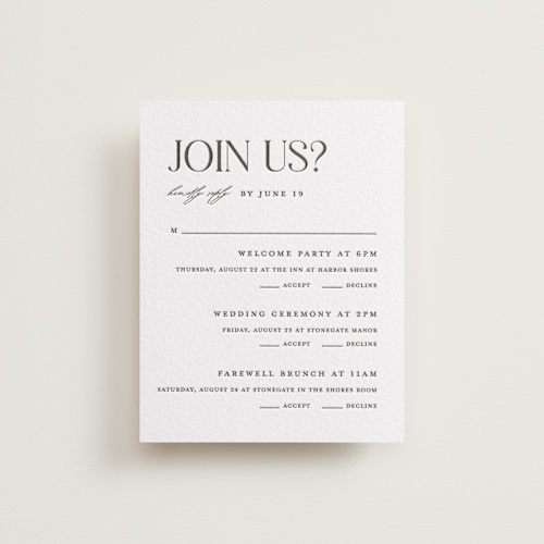 This is a soft black rsvp cards with letterpress by Pixel and Hank called tallest printing on somerset500 in standard