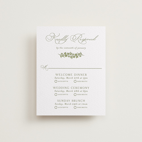 This is a pistachio rsvp cards with letterpress by Yaling Hou Suzuki called simply elegant printing on somerset500 in standard