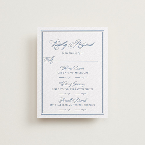 This is a provincial blue rsvp cards with letterpress by Melinda Denison called the chapel printing on somerset500 in standard