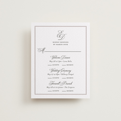 This is a soft black rsvp cards with letterpress by Melinda Denison called royal printing on somerset500 in standard