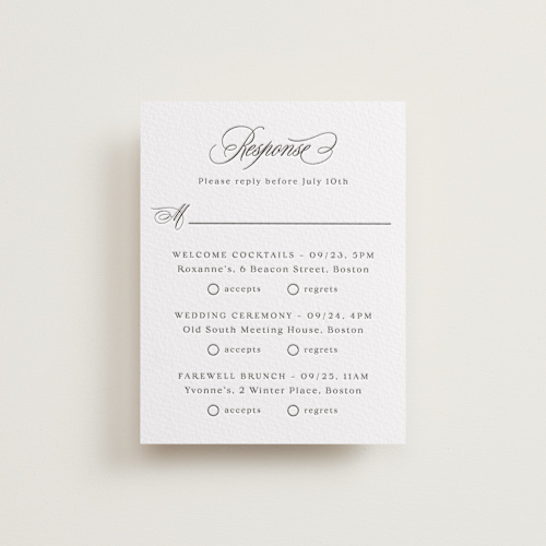 This is a soft black rsvp cards with letterpress by Olivia Raufman called ambrose printing on somerset500 in standard