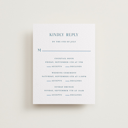 This is a sky blue rsvp cards with letterpress by Cass Loh called flowers monogram printing on somerset500 in standard