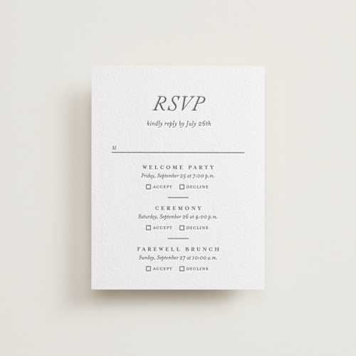 This is a pewter rsvp cards with letterpress by Eric Clegg called magnolia printing on somerset500 in standard