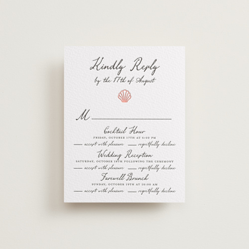 This is a peach rsvp cards with letterpress by Alston Foster called ocean love printing on somerset500 in standard