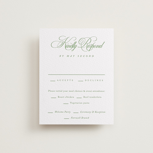 This is a cucumber rsvp cards with letterpress by Kelly Schmidt called chic script printing on somerset500 in standard