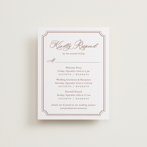 This is a dusty rose rsvp cards with letterpress by Jennifer Postorino called avery printing on somerset500 in standard