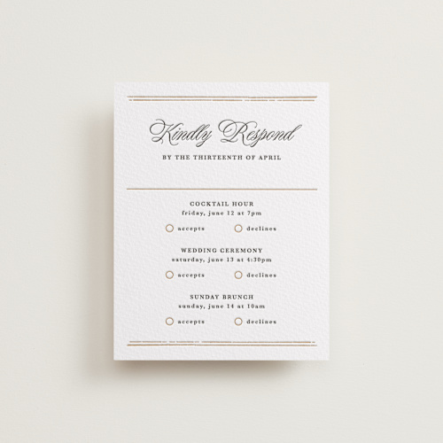 This is a faux gold rsvp cards with letterpress by Kate Ahn called lake como printing on somerset500 in standard