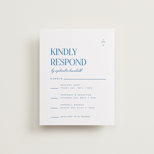 This is a sapphire rsvp cards with letterpress by Heather Cairl called clarity printing on somerset500 in standard