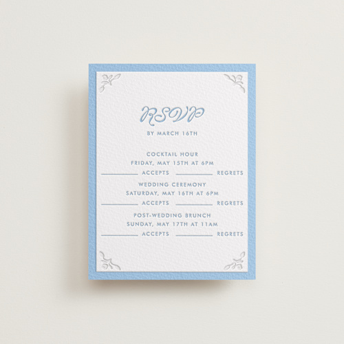 This is a sky blue rsvp cards with letterpress by Morgan Kendall called victorian chic printing on somerset500 in standard