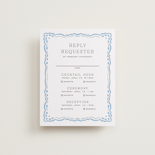 This is a sky blue rsvp cards with letterpress by Erin L. Wilson called margot printing on somerset500 in standard