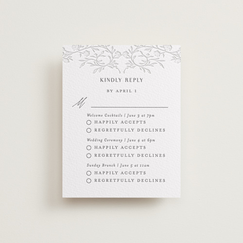 This is a gravel rsvp cards with letterpress by Nicoletta Savod called delicately printing on somerset500 in standard