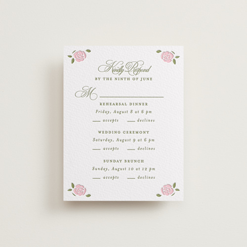 This is a pistachio rsvp cards with letterpress by Creo Study called vintage blooms printing on somerset500 in standard