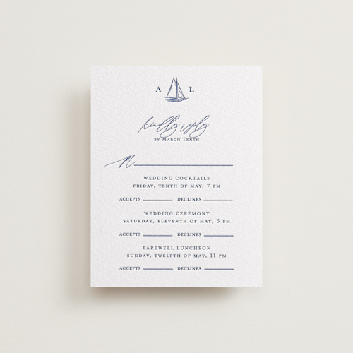 This is a indigo rsvp cards with letterpress by Jelena Vuletic called mariner printing on somerset500 in standard