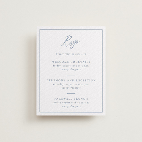 This is a provincial blue rsvp cards with letterpress by Jen Movitz called simple type printing on somerset500 in standard