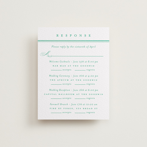 This is a shamrock rsvp cards with letterpress by Olivia Raufman called hartford printing on somerset500 in standard