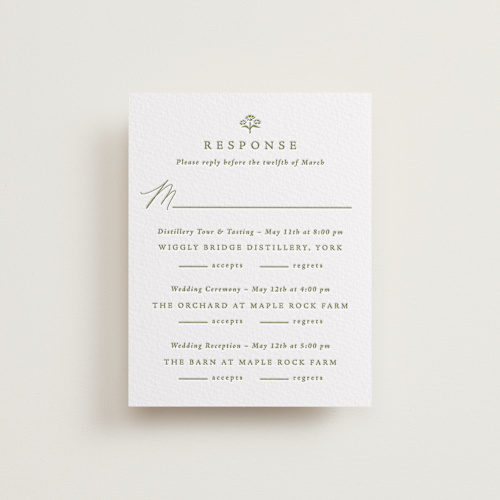 This is a pistachio rsvp cards with letterpress by Olivia Raufman called posy printing on somerset500 in standard