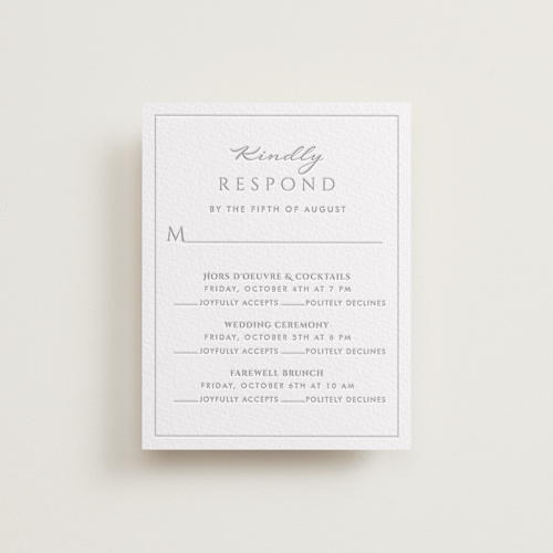 This is a matte silver rsvp cards with letterpress by Marie Gully called vigneto printing on somerset500 in standard