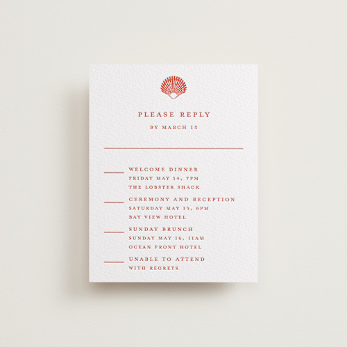 This is a neon orange rsvp cards with letterpress by Pippa Shaw called lobster printing on somerset500 in standard