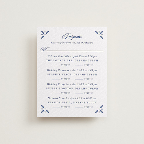 This is a lapis rsvp cards with letterpress by Olivia Raufman called talavera tiles printing on somerset500 in standard