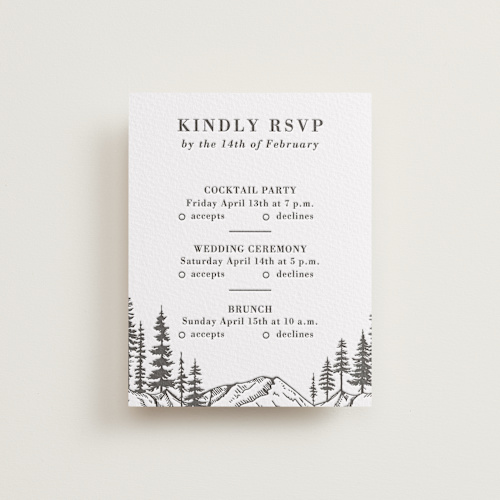 This is a soft black rsvp cards with letterpress by Winston Latchman called mountain pines printing on somerset500 in standard