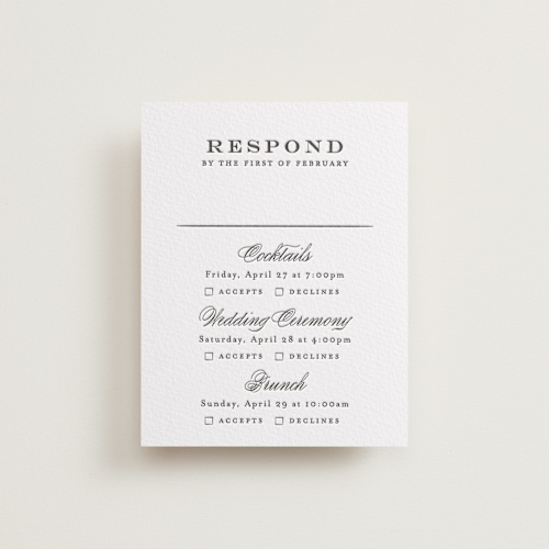 This is a soft black rsvp cards with letterpress by Carolyn MacLaren called proper printing on somerset500 in standard