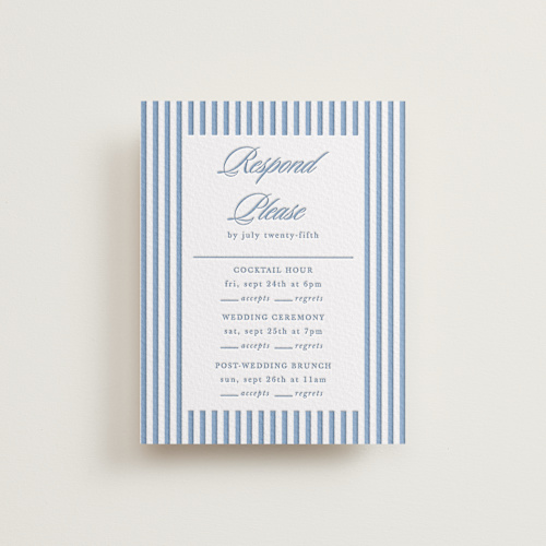 This is a provincial blue rsvp cards with letterpress by Morgan Kendall called catamaran printing on somerset500 in standard