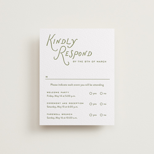 This is a pistachio rsvp cards with letterpress by Oscar and Emma - Karly Depew called marshland printing on somerset500 in standard