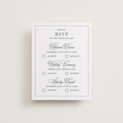 This is a stone rsvp cards with letterpress by Teju Reval called evergreen printing on somerset500 in standard