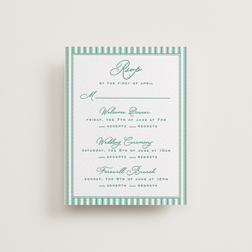 This is a shamrock rsvp cards with letterpress by Claudia Orengo called lakeview printing on somerset500 in standard