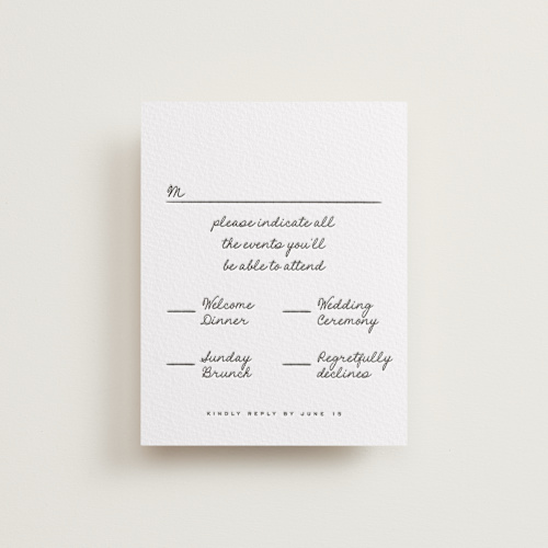 This is a soft black rsvp cards with letterpress by Blustery August called lover's lantern printing on somerset500 in standard