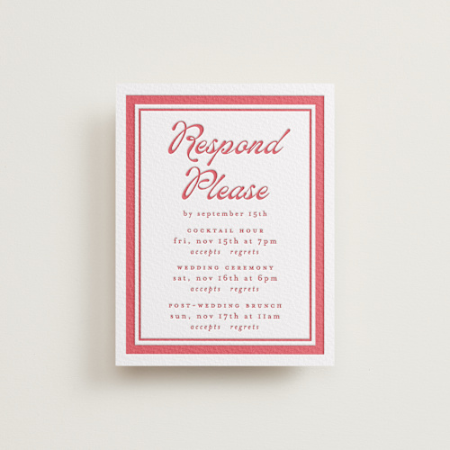 This is a scarlet rsvp cards with letterpress by Morgan Kendall called prep school printing on somerset500 in standard