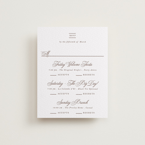 This is a burnt sienna rsvp cards with letterpress by Megan Davis called lombardy printing on somerset500 in standard