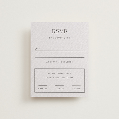 This is a soft black rsvp cards with letterpress by Snow and Ivy called court printing on somerset500 in standard