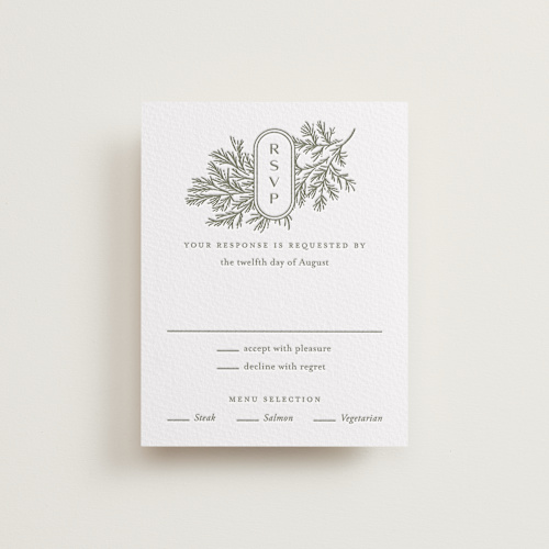 This is a moss rsvp cards with letterpress by Oscar and Emma - Karly Depew called among the evergreens printing on somerset500 in standard