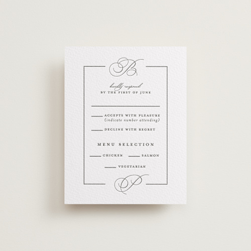This is a soft black rsvp cards with letterpress by Amy Payne called monogram border printing on somerset500 in standard