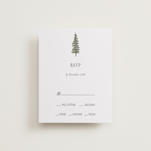 This is a olive rsvp cards with letterpress by Itsy Belle Studio called evergreens printing on somerset500 in standard