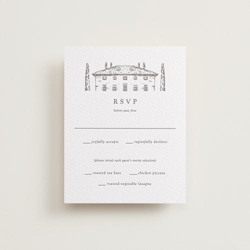 This is a warm gray rsvp cards with letterpress by Melinda Denison called italian countryside printing on somerset500 in standard