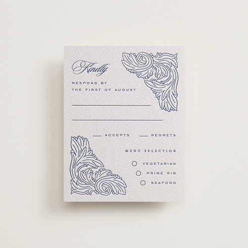 This is a lapis rsvp cards with letterpress by Yuliya Evseeva called acanthus leaves printing on somerset500 in standard