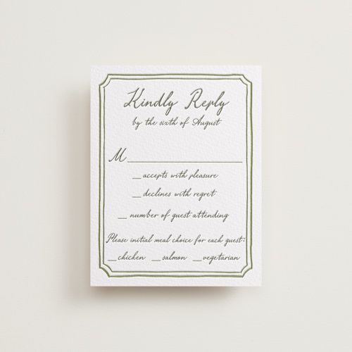 This is a moss rsvp cards with letterpress by Cass Loh called handwritten printing on somerset500 in standard