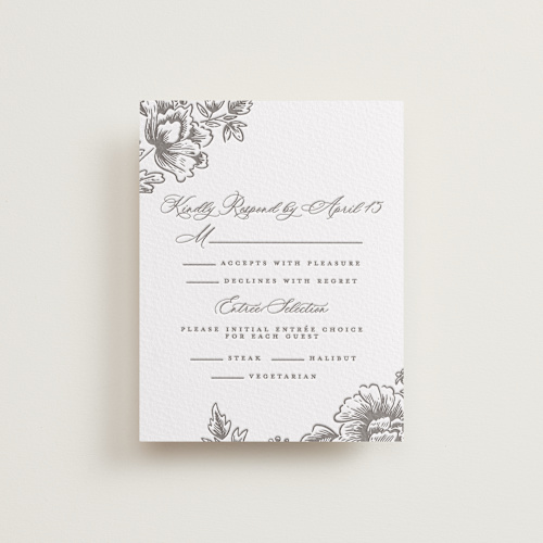 This is a graphite rsvp cards with letterpress by Chris Griffith called wedding press printing on somerset500 in standard