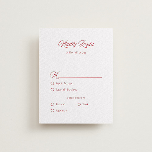 This is a scarlet rsvp cards with letterpress by Nicoletta Savod called ritzy printing on somerset500 in standard