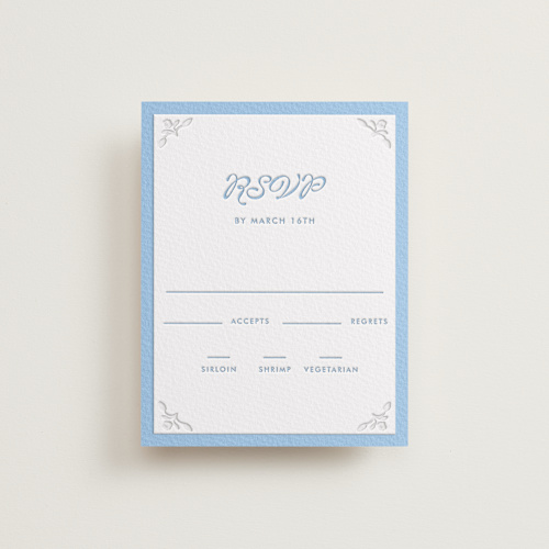 This is a sky blue rsvp cards with letterpress by Morgan Kendall called victorian chic printing on somerset500 in standard