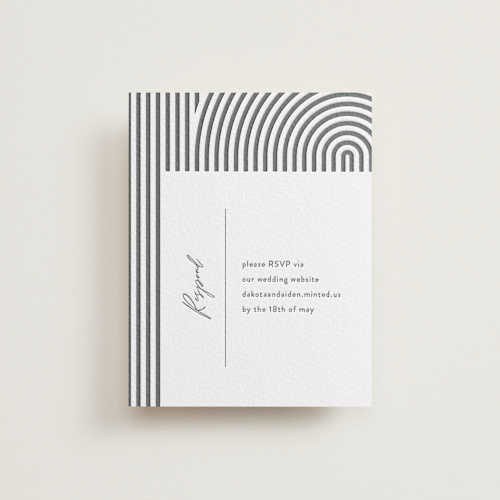 This is a pewter rsvp cards with letterpress by Shannon Chen of Four Wet Feet Studio called art deco printing on somerset500 in standard